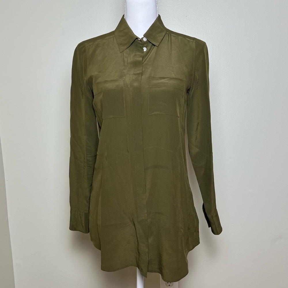 Broadway & Broome 100% Silk Olive Green Tunic Shirt, Size XS